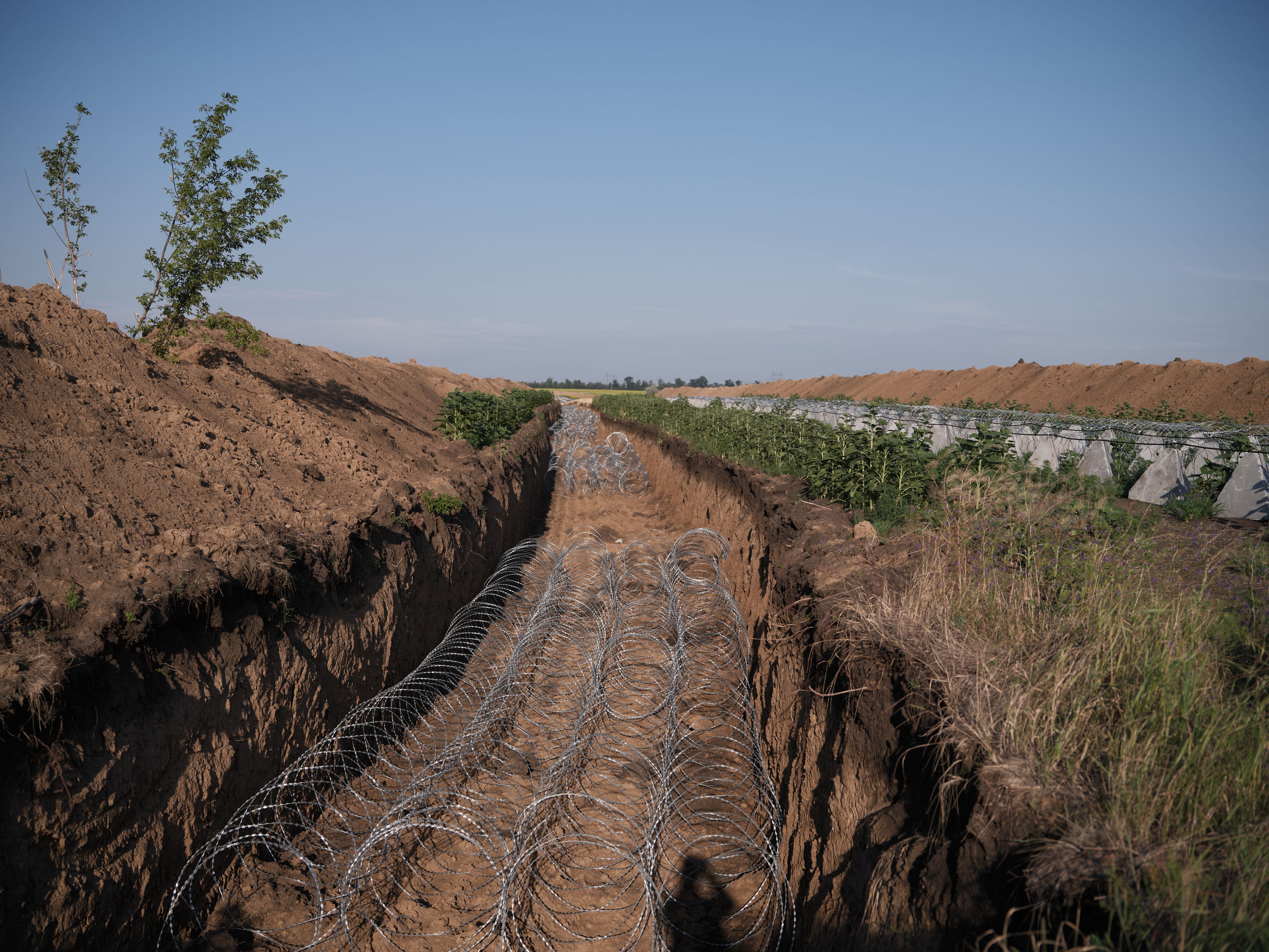 Een tankgracht met prikkeldraad op de bodem. Langs de tankgracht liggen drakentanden.